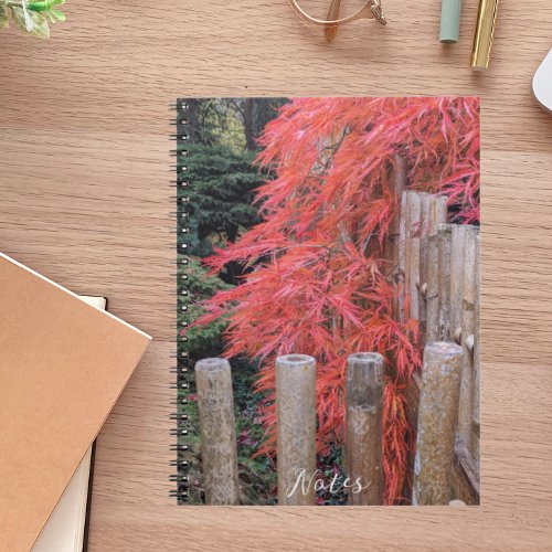 Red Japanese Maple Leaves and Bamboo Fence Notebook