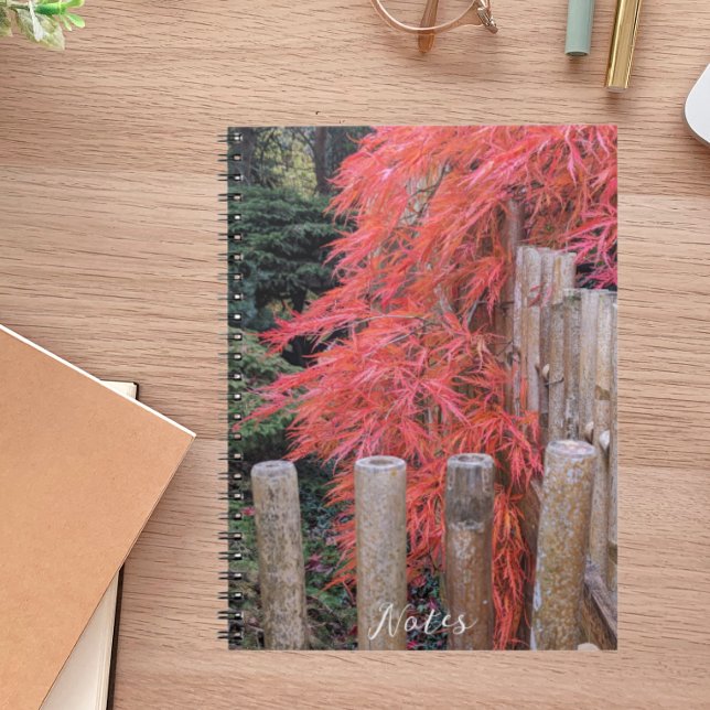 Red Japanese Maple Leaves and Bamboo Fence Notebook (In Situ)