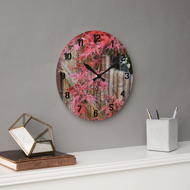 Red Japanese Maple Leaves and Bamboo Large Clock (Office)