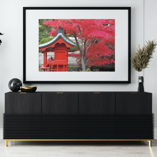 Red Japanese Maple Leaves and Garden Shrine Photo Print