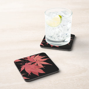Red Japanese Maple Leaves on Black Beverage Coaster