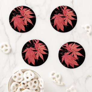 Red Japanese Maple Leaves on Black Coaster Set