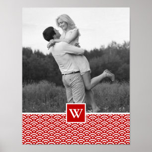 Red Japanese Pattern   Photo with Monogram Poster
