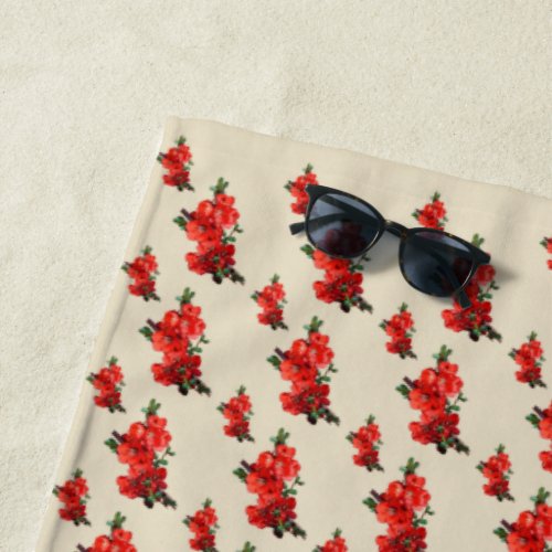 Red Japanese Quince Blossom beige Beach Towel