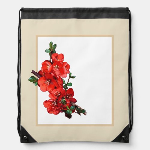 Red Japanese Quince Blossom beige Drawstring Bag