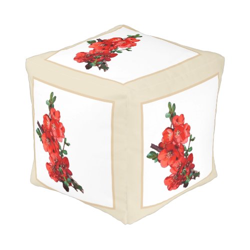 Red Japanese Quince Blossom beige Pouf