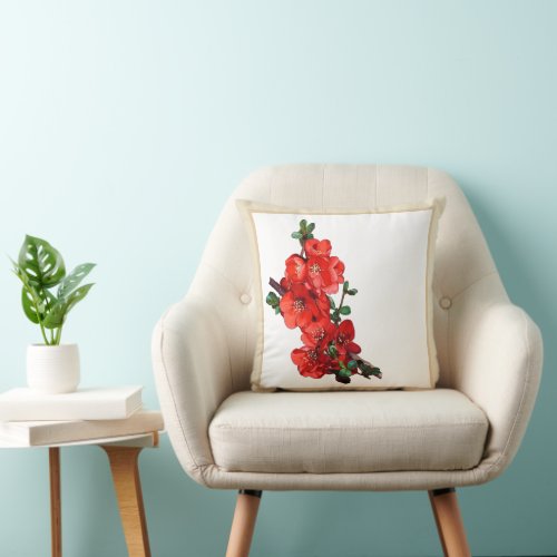 Red Japanese Quince Blossom beige Throw Pillow