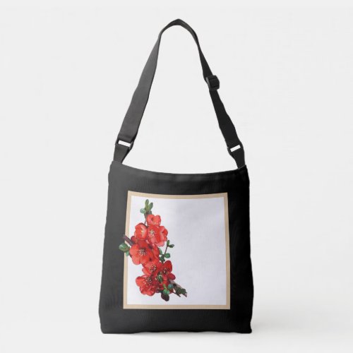Red Japanese Quince Blossom black Crossbody Bag