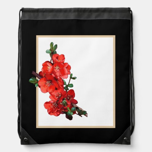 Red Japanese Quince Blossom black Drawstring Bag