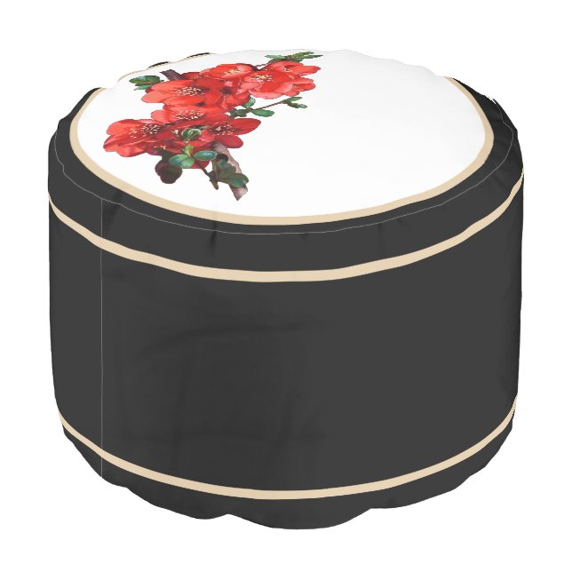 Red Japanese Quince Blossom black Pouf (Angled Back)