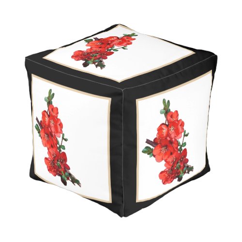 Red Japanese Quince Blossom black Pouf