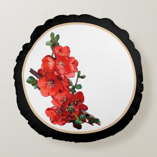 Red Japanese Quince Blossom black Round Pillow