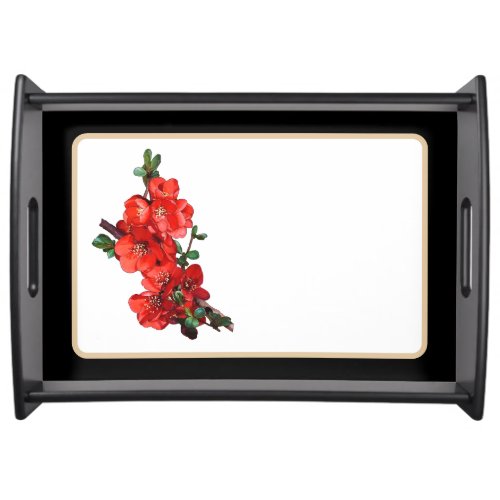 Red Japanese Quince Blossom black Serving Tray