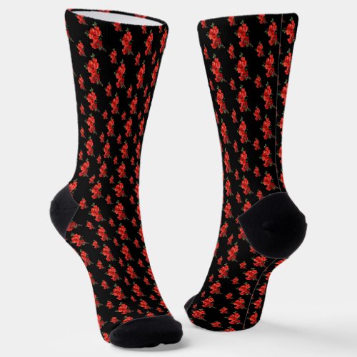 Red Japanese Quince Blossom black Socks