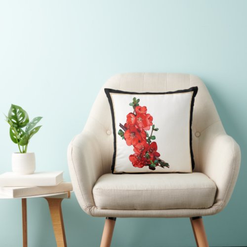 Red Japanese Quince Blossom black Throw Pillow