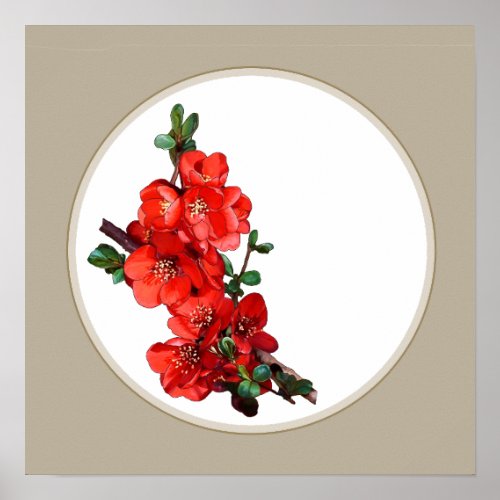 Red Japanese Quince Blossom circle beige Poster