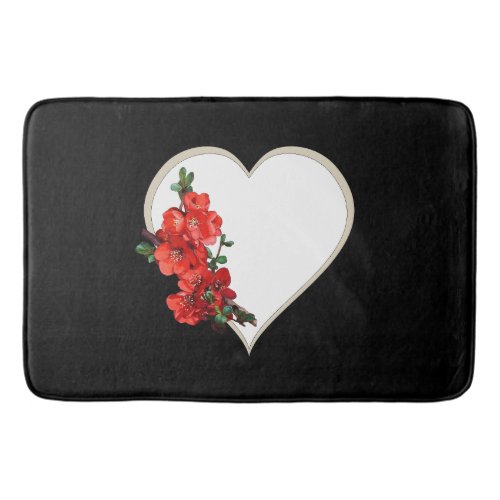 Red Japanese Quince Blossom heart black Bath Mat