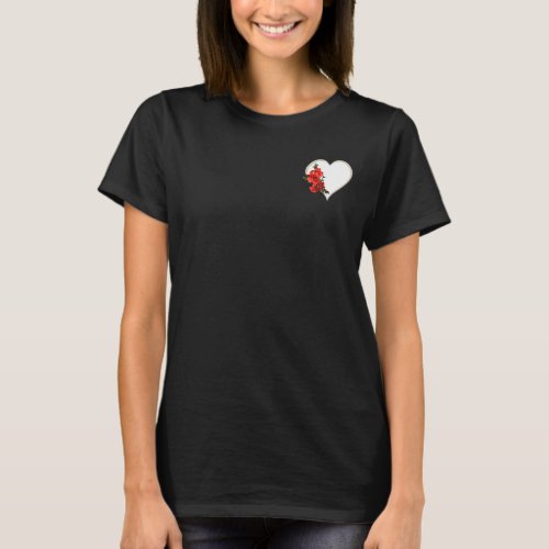 Red Japanese Quince Blossom heart black T_Shirt