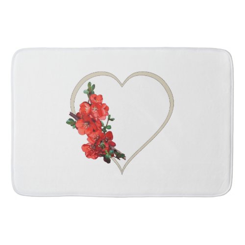 Red Japanese Quince Blossom heart white Bath Mat