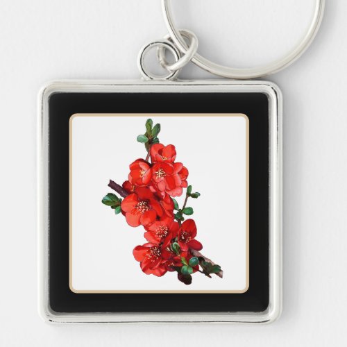 Red Japanese Quince Blossom illustration black Keychain