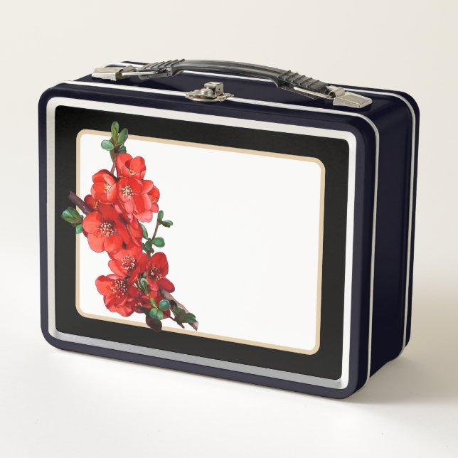 Red Japanese Quince Blossom illustration black Metal Lunch Box (Front)