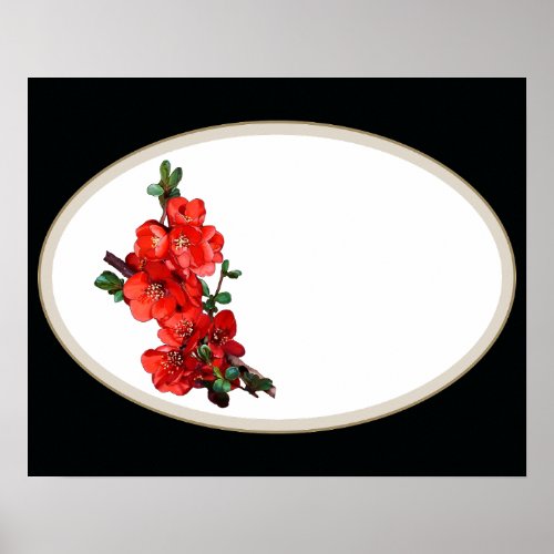 Red Japanese Quince Blossom oval black Poster