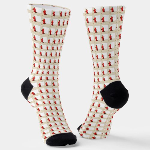 Red Japanese Quince Blossom square beige Socks