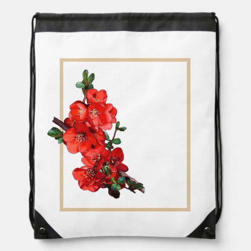 Red Japanese Quince Blossom white Drawstring Bag