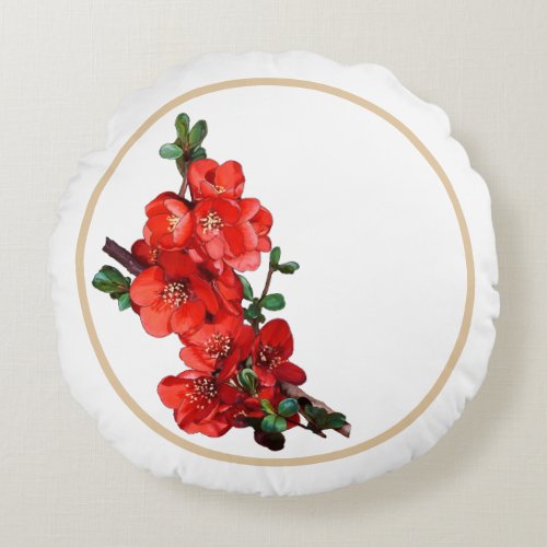 Red Japanese Quince Blossom white Round Pillow
