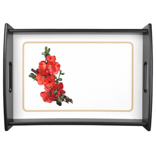 Red Japanese Quince Blossom white Serving Tray