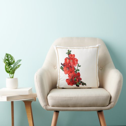 Red Japanese Quince Blossom white Throw Pillow