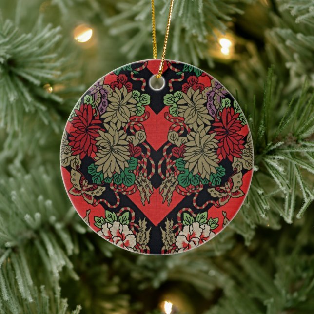 Red Japanese Vintage Floral Ceramic Ornament (Tree)