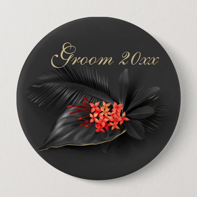 Red Jasmine Black Leaves Wedding Button (Front)
