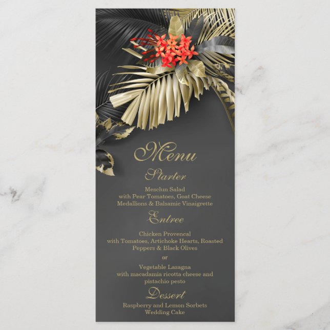 Red Jasmine Dark Tropical Wedding Menu (Front)