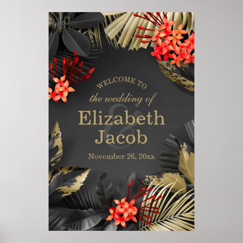 Red Jasmine Dark Tropical Wedding Poster