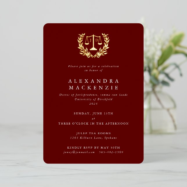 Red JD Law Scales+Laurel Wreath Graduation Party Foil Invitation (Standing Front)