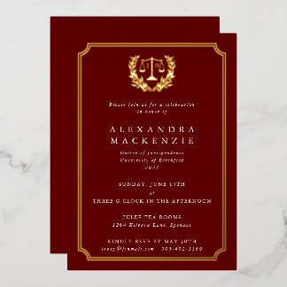 Red JD Law School Graduation Party Foil Invitation