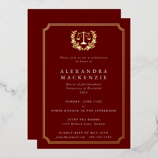 Red JD Law School Graduation Party Foil Invitation (Front/Back)