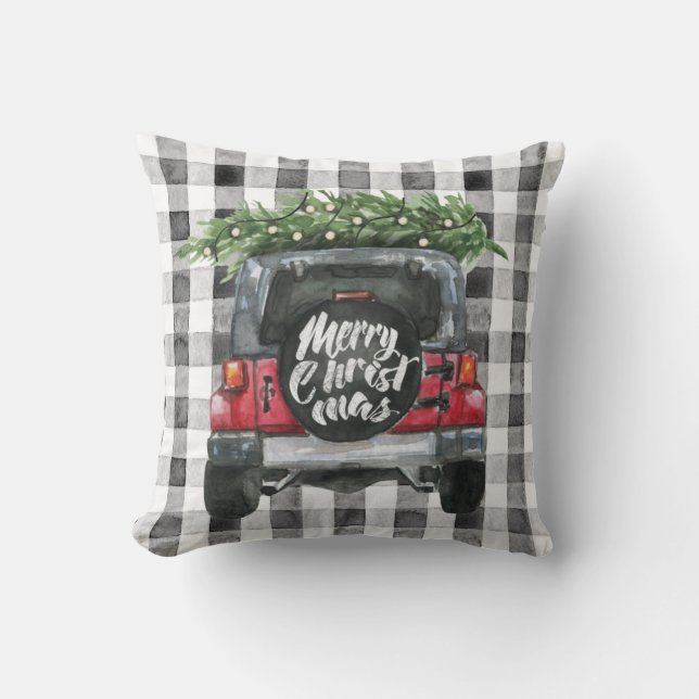 Red Jeep Christmas Tree Throw Pillow (Front)