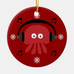 Red Jellyfish DJ & Snowflakes Customizable Ceramic Ornament