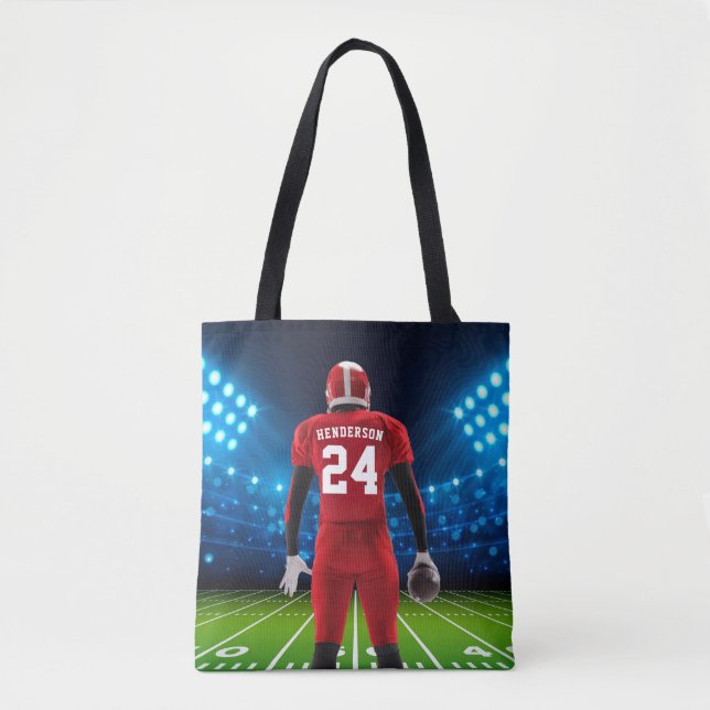 Red Jersey Personalized Football Player Tote Bag (Front)