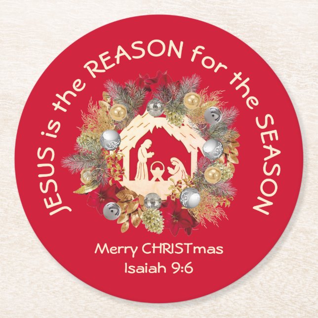 Red JESUS IS THE REASON Christmas Round Paper Coaster (Front)