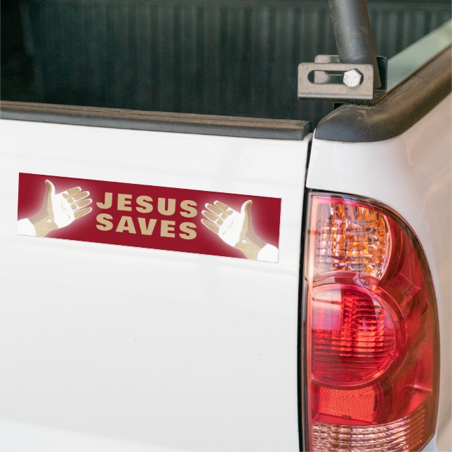 red JESUS SAVES Bumper Sticker (On Truck)