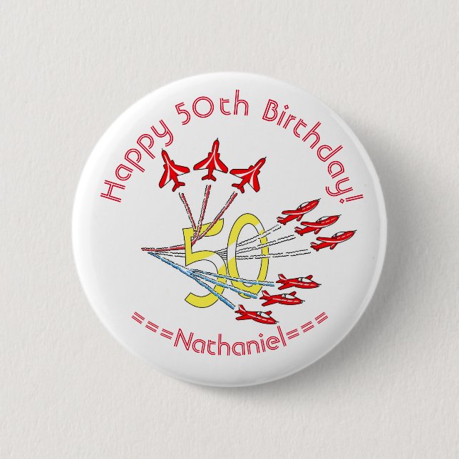 Red Jet Planes - 50th Birthday Badge Button (Front)