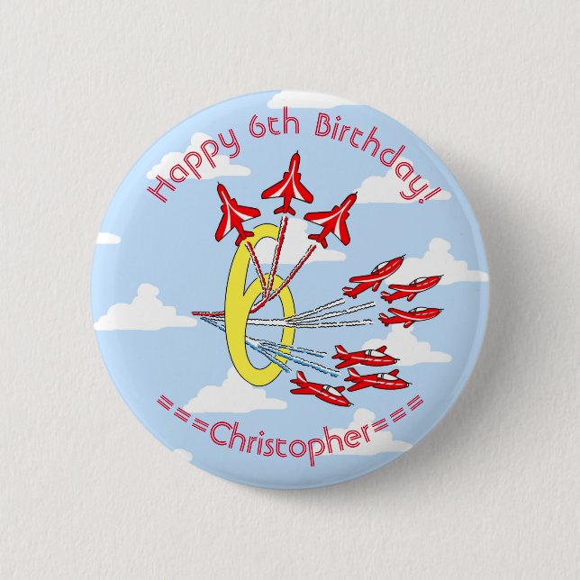 Red Jet Planes 6th Birthday Blue Sky  Button (Front)