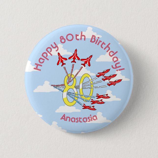 Red Jet Planes - 80th Birthday (Blue Sky) Badge Button (Front)
