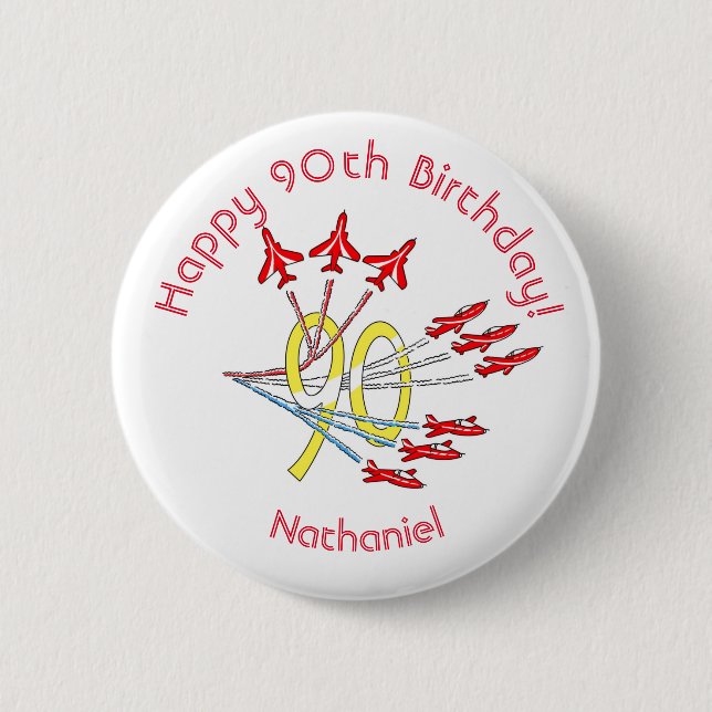 Red Jet Planes - 90th Birthday Badge Button (Front)