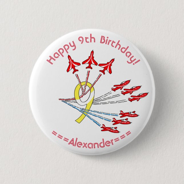 Red Jet Planes 9th Birthday Badge Button (Front)