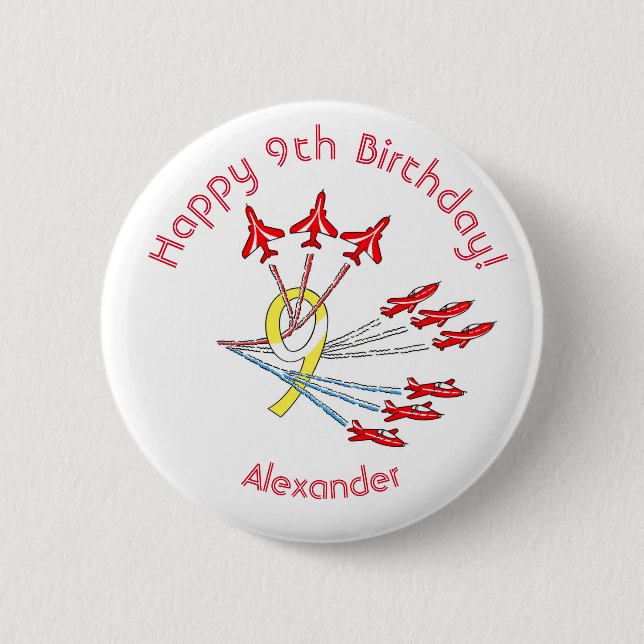 Red Jet Planes - 9th Birthday Badge Button (Front)