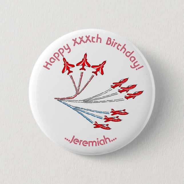 Red Jet Planes Customisable Birthday Badge Button (Front)